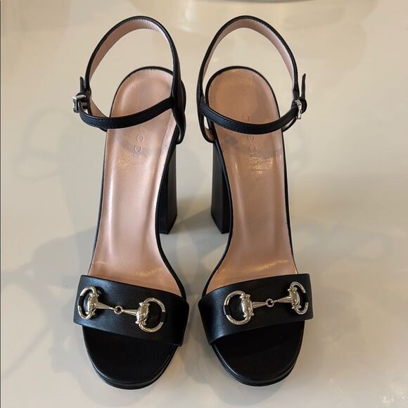 Gucci Miro Black Leather Horsebit Strap Block Heel Sandals Size EU 38 US 8 Shoes - Picture 1 of 11